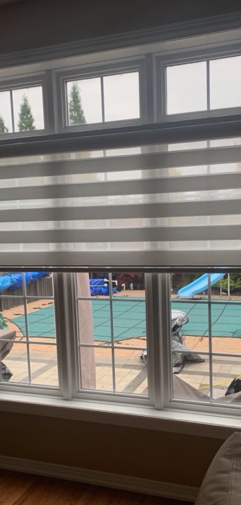 Zebra shade above a window facing a pool